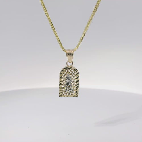 14KT Gold Charm Extra Small Two Tone St Lazarus Diamond Cut Lattice Square Archway and Plain Bell