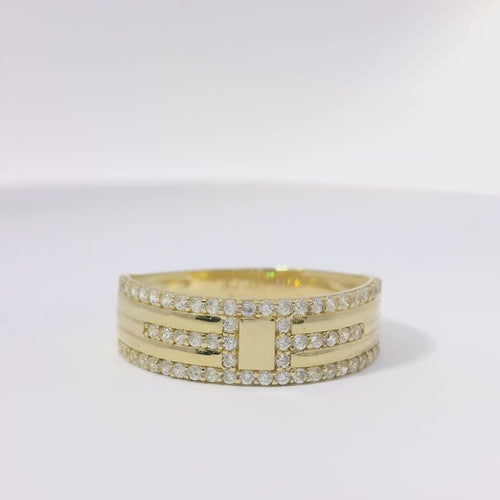 14KT Gold Women's Ring Plain Rectangle Center White CZ Stone Border with White CZ Stone Belt White CZ Stones Upper/Lower Border of Band