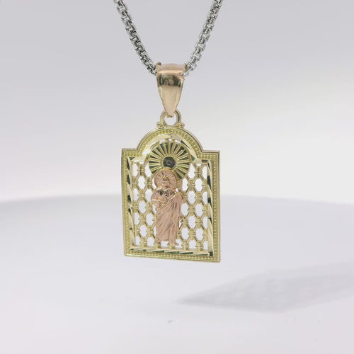 14KT Gold Charm Medium Two Tone St Jude Lattice Square Archway with Plain Bell