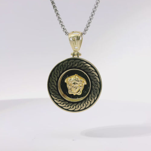 14KT Gold Charm Medium Round Medusa Coin with Black Enamel Rope Border and Greek Bell