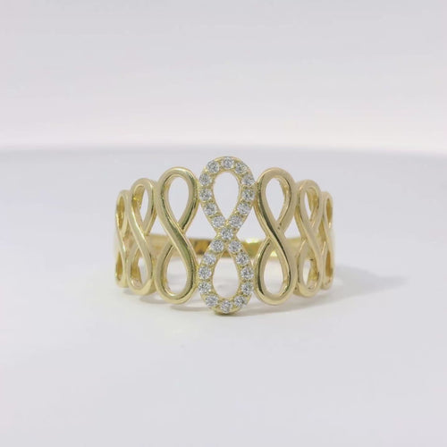 14KT Gold Ring Women's Seven Infinity Loops with One Center White CZ Stone Center Loop