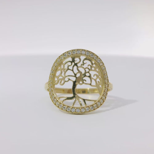 14KT Gold Ring Women's Jumbo Round Tree of Life with Swirl Leaves and White CZ Stone Border Plain Band