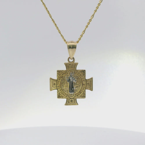14KT Gold Charm Small Maltese Cross Two Tone St Benedict Coin with Plain Bell