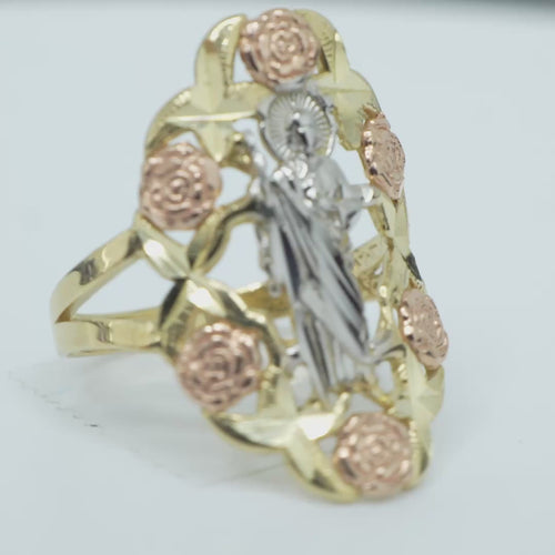 14KT Gold Ring Women's Tri Tone Roses St Jude Spilt Band
