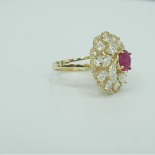 14KT Gold Women's Ring Flower Red Round Center CZ Stone White Pear/Marquise Petals with Round White CZ Stones Border and Plain Split Band