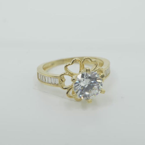 14KT Gold Ring Women's Round White CZ Center Stone Open Flower Heart Petals with White CZ Baguette Stone Band