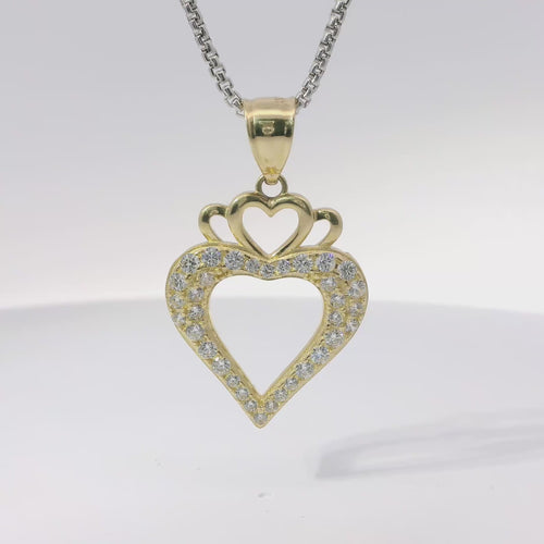 14KT Gold Charm Medium Open White CZ Stones Heart with Three Plain Hearts on Top and Plain Bell
