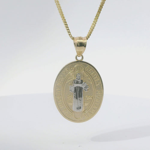 14KT Gold Charm Medium Oval St Benedict Coin with Plain Bell