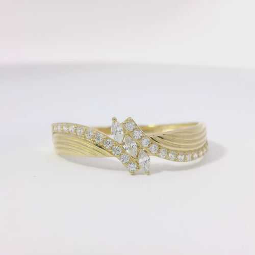 14KT Gold Ring Women's Light Weight Floating 3 Marquise White CZ Stone Center with White CZ Stones Bypass Ribbed Band