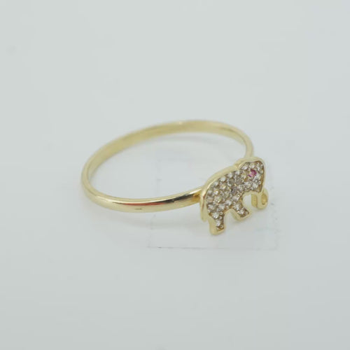 14KT Gold Ring Women's White CZ Stone Elephant with Plain Border and Dark Pink Eye Plain Band