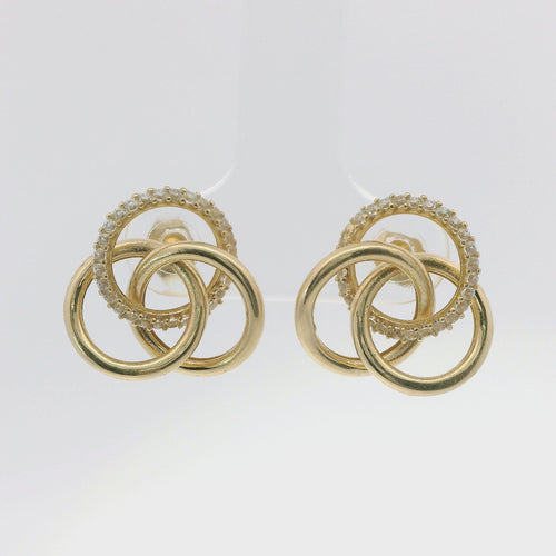 14KT Gold Earrings Small Borromean / Triskelion Triple Interlocking White CZ Stones Rings with Push Back Post and Butterfly Backs