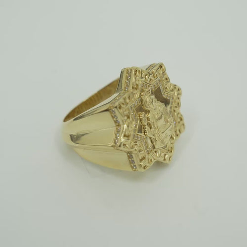 14KT Gold Ring Men's St Barbara Star of David with White CZ Stones Chino Link Border and Plain Band