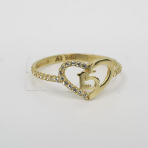 14KT Gold Ring Women's Quincenaera "15" Open Heart Shape Half Plain Half White CZ Stones Border and Band