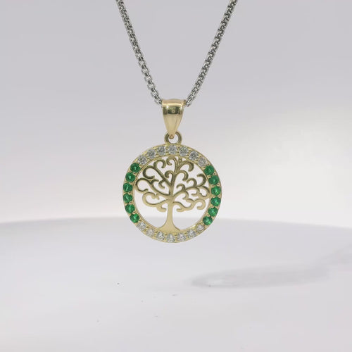 14KT Gold Charm Medium Round Tree of Life with Heart Leaves and White and Green CZ Stones Border and Plain Bell