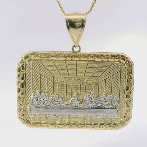 14KT Gold Charm XL Rectangle Two Tone Last Supper with Nugget Frame and Plain Bell