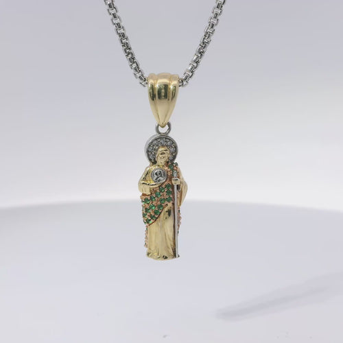 14KT Gold Charm Small 3D Tri Tone St Jude Figurine with Green CZ Stones Robe, White CZ Stones Halo, and Plain Bell