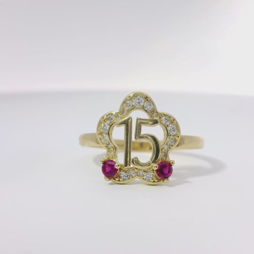 14KT Gold Ring Women's Quincenaera "15" Center Open Five Petal White CZ Stone Flower with Two Dark Pink Round CZ Stones Plain Band