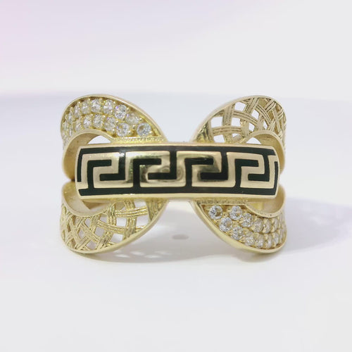 14KT Gold Ring Women's Double Lattice White CZ Stones Lasso with Greek Bar Connector