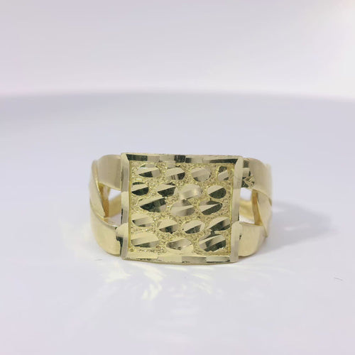 14KT Gold Ring Men's Square Small Flat Nugget with Plain Border and Cuban Link Band