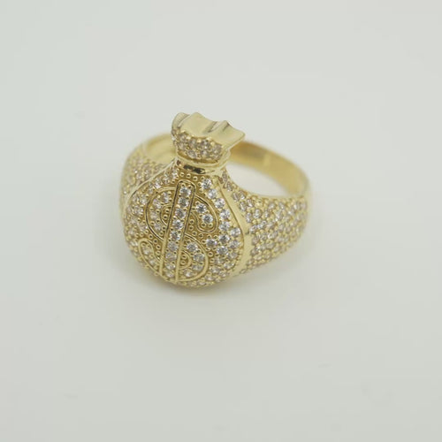 14KT Gold Ring Men's 3D Money Bag with White CZ Stone Single Row Dollar Sign Symbol Plain Border with White CZ Stones on Money Bag Side Design White CZ Stones