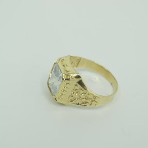 14KT Gold Ring Men's Rectangle White CZ Center Stone Plain Border and Nugget Band Design