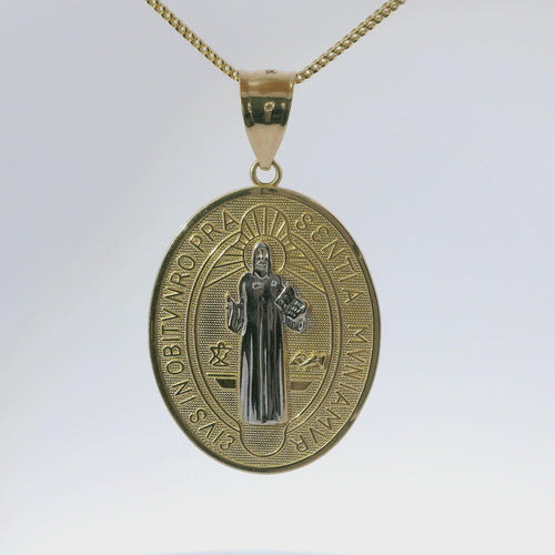 14KT Gold Charm Large Two Tone Oval St Benedict Coin with Plain Bell