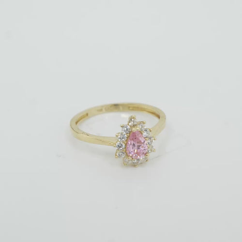 14KT Gold Ring Women's Flower Pear Pink Center Stone with White CZ Stone Petals Border Plain Band