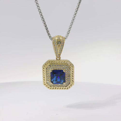 14KT Gold Charm Large Navy Blue Square Center CZ Stone Double Platform Border of Round White CZ Stones Mock Link Border and Bell