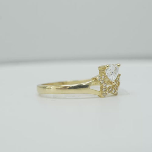 14KT Gold Ring Women's White CZ Top Stone with White CZ Stones Border Outline Only Star Shape Plain Split Band