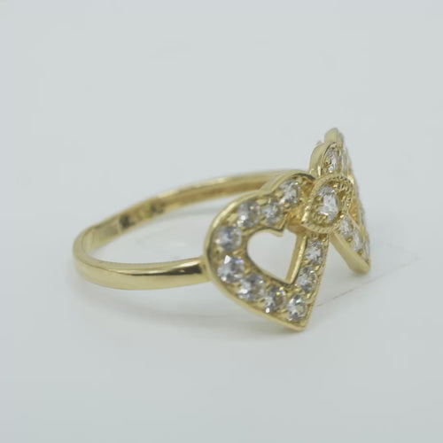 14KT Gold Ring Women's Double Open Heart with White CZ Stones Border and White CZ Stone Eye in Center of Hearts Plain Band