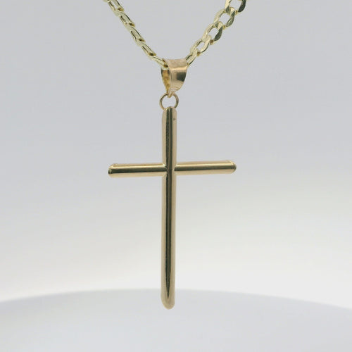 14KT Gold Charm Large Plain Hollow Tube Slant Ends Cross with Plain Bell