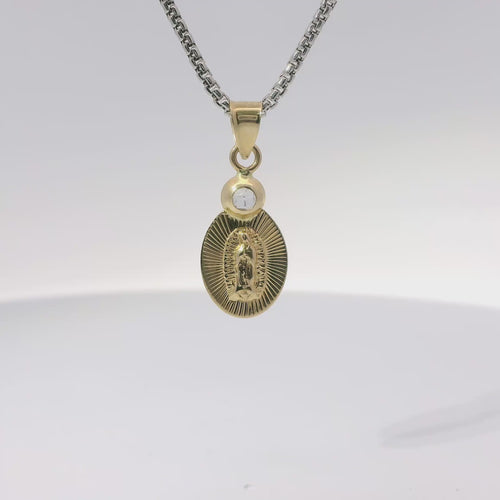 14KT Gold Charm Extra Small Oval Virgin Mary Sunray Coin with White CZ Stone Top and Plain Bell
