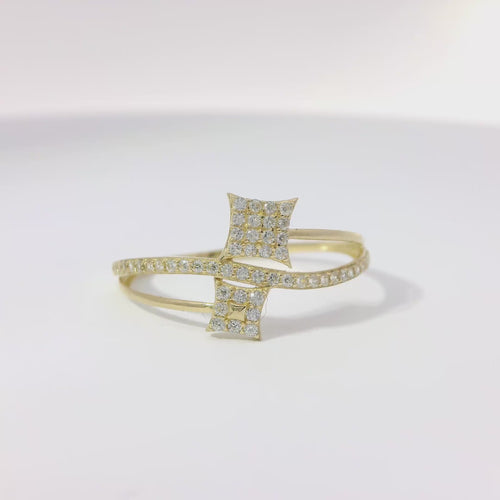 14KT Gold Ring Women's Light Weight White CZ Stones Center Band with Square Flower White CZ Stones Bypass Ends
