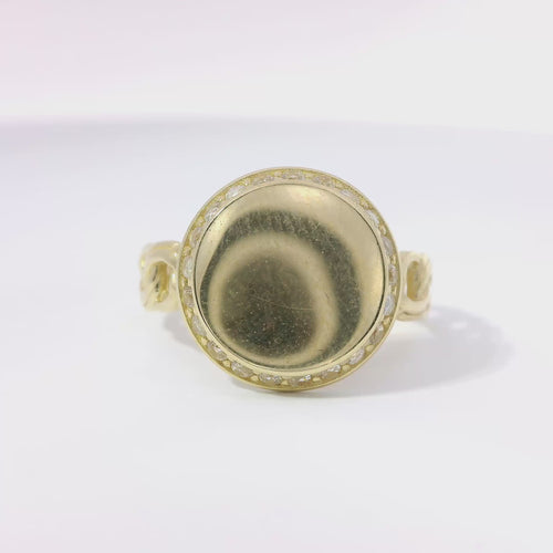 14KT Gold Ring Women's Engravable Round Center with White CZ Stones Edge and Chino Link Band