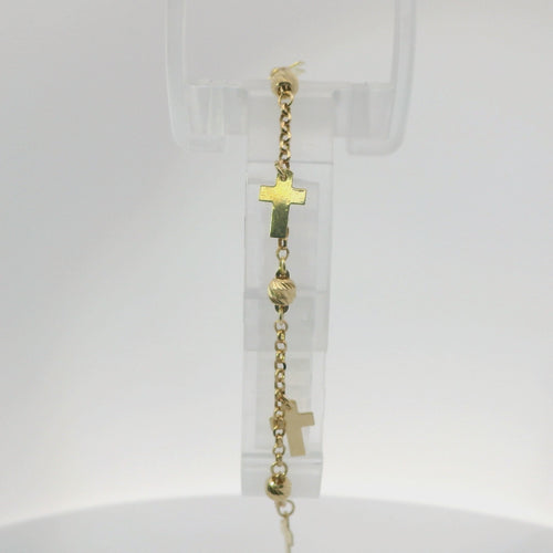 14KT Gold Bracelet Women's Three Charm Plain Cross with White CZ Stone End Cable Link Lobster Clasp Band
