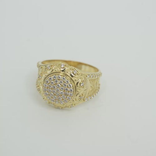14KT Gold Ring Men's Round White CZ Stones Plain Border White CZ Stone Edge Shank CZ Stone Wreath above Abstract Butterfly Center with U-shaped White CZ Stone Border