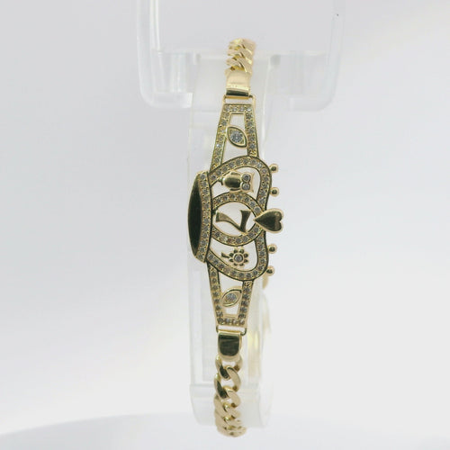 14KT Gold Bracelet Women's Lucky "7" Crown Plaque with White CZ Stones Borders, Evil Eye, Owl, Clover, Elephant and White CZ Stone End Cuban Link Lobster Clasp Band