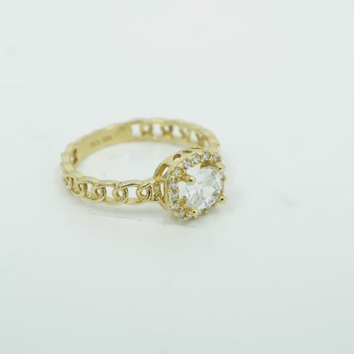 14KT Gold Ring Women's Square White Center Stone with White CZ Stone Border Chino Band