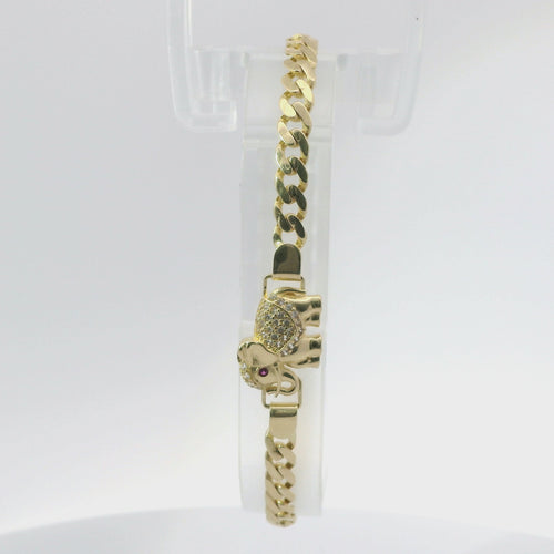 14KT Gold Bracelet Women's Single Charm Dark Pink Eyed Elephant with White CZ Stones Blanket and White CZ Stone End Cuban Link Lobster Clasp Band