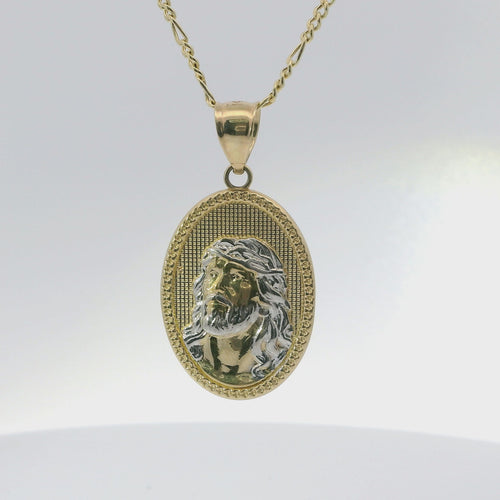 14KT Gold Charm Medium Oval Two Tone Jesus Coin with Beaded Border and Plain Bell