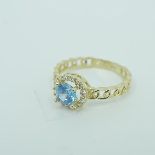 14KT Gold Ring Women's Round Turquoise Center with White CZ Stones Border Chino Link Band