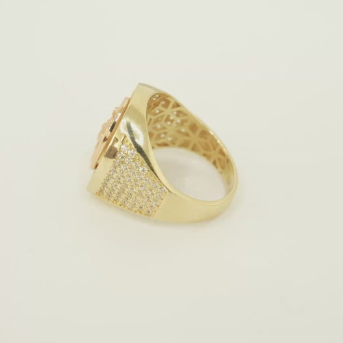 14KT Gold Ring Men's Horseshoe Shape Two Tone St. Muerte Coin Cener with Baguette Horseshoe Border and Seven Pave White CZ Stone Rows on Sides
