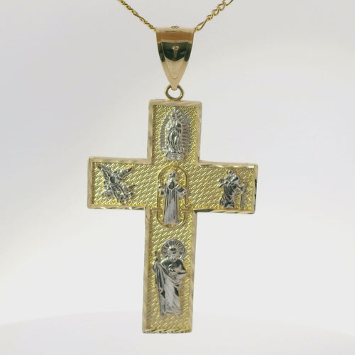 14KT Gold Charm Extra Large Two Tone Catholic Saints Cross with Virgin Mary, St Michael, St Charbel, St Christopher, and St Jude Center and Plain Bell