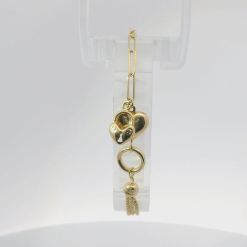 14KT Gold Bracelet Women's Two Charm Puff and Puff Heart Lock Heart Paperclip Link with White CZ Stone End Lobster Clasp