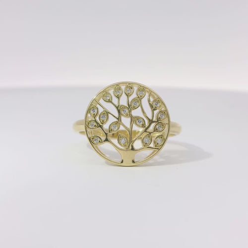 14KT Gold Ring Women's Jumbo Round Tree of Life with White CZ Stone Leaves Plain Band