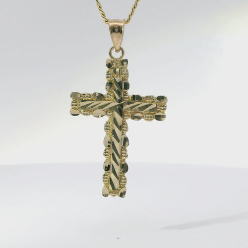 14KT Gold Charm Medium Nugget Cross with Diamond Cut Center and Plain Bell