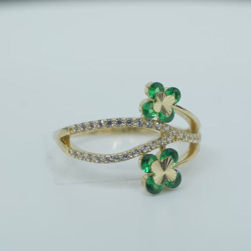 14KT Gold Women's Ring Green Round 4 Petal Flower White CZ Stones Split Band