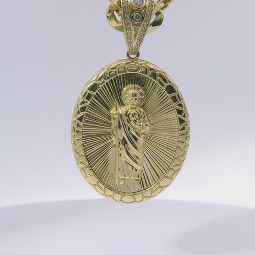 14KT Gold Charm Large Oval St Jude with Sunray Background, Nugget Border, White CZ Stones Edge and Bell
