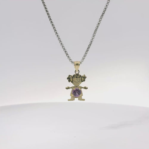 14KT Gold Charm Girl with Dark Purple CZ Stone Belly and Plain Bell