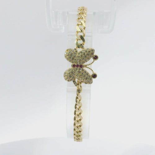 14KT Gold Bracelet Women's White CZ Stones Butterfly with Dark Pink CZ Stones Body and Antennas White CZ Stone End Cuban Link Lobster Clasp Band